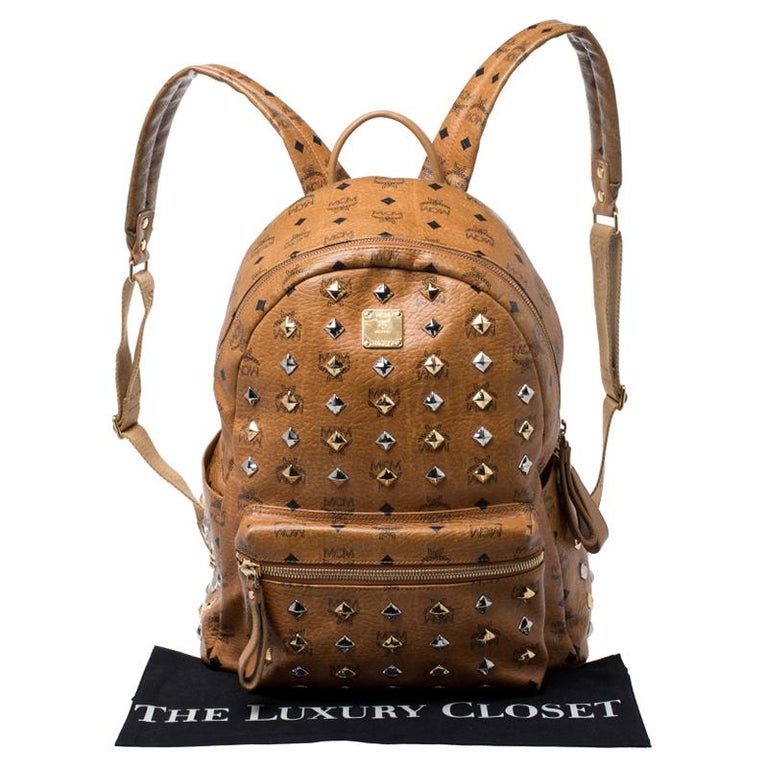 MCM Backpack Red Studs Cognac Visetos Leather Stark Backpack Authentic B380