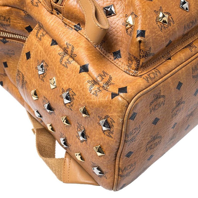 MCM Cognac Visetos Leather Large Studs Stark Backpack For Sale at