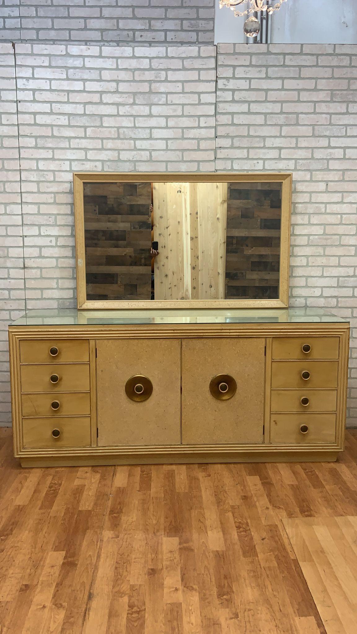 Mid Century Modern Cork and Wood Credenza/Sideboard with Mirror by Paul Frankl for Johnson Furniture 

This amazing cork and wood credenza/sideboard is a great piece to bring together any type of mid century modern bedroom. This piece is a part of a