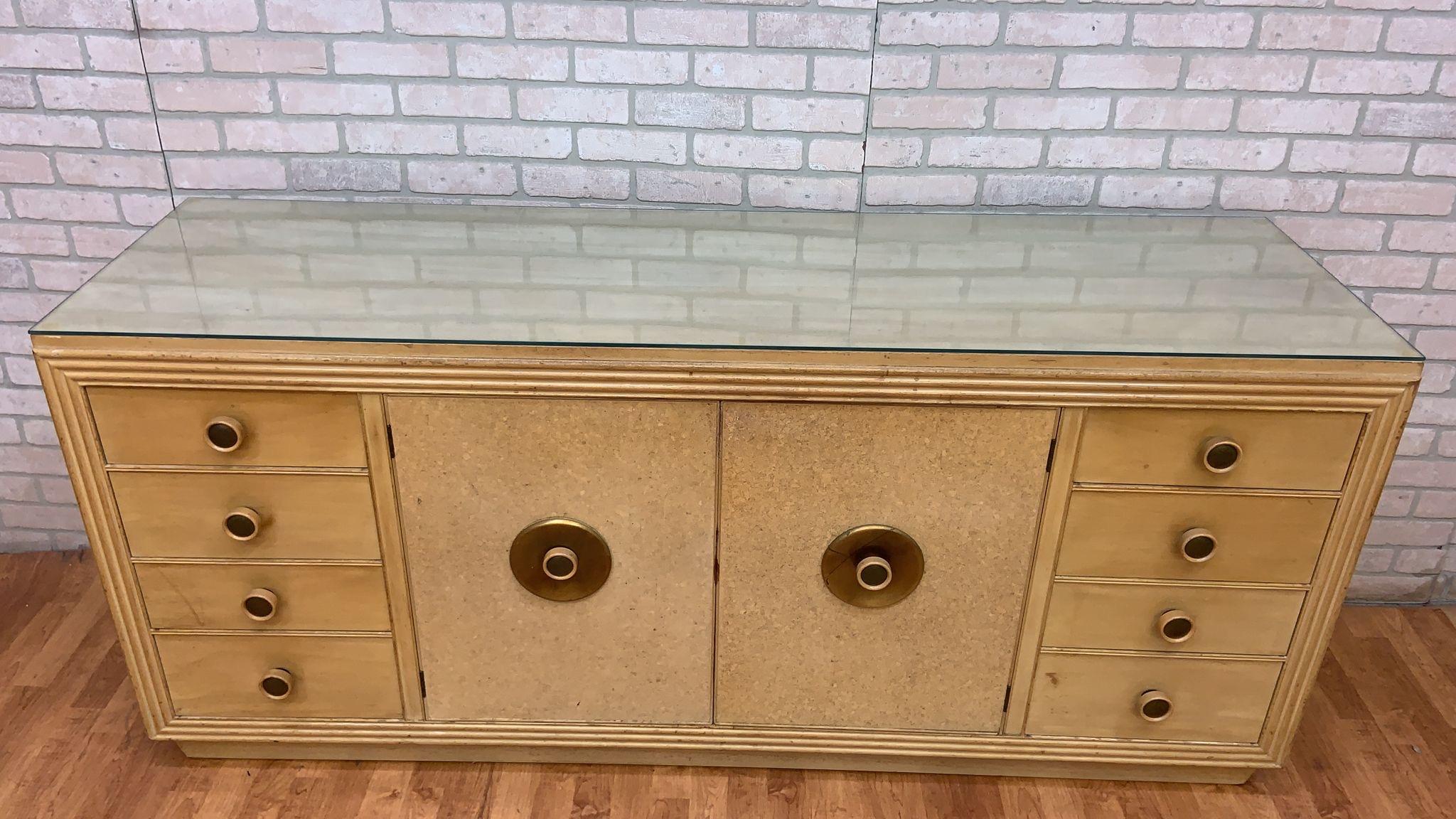 MCM Cork and Wood Sideboard with Mirror by Paul Frankl for Johnson Furniture In Good Condition For Sale In Chicago, IL