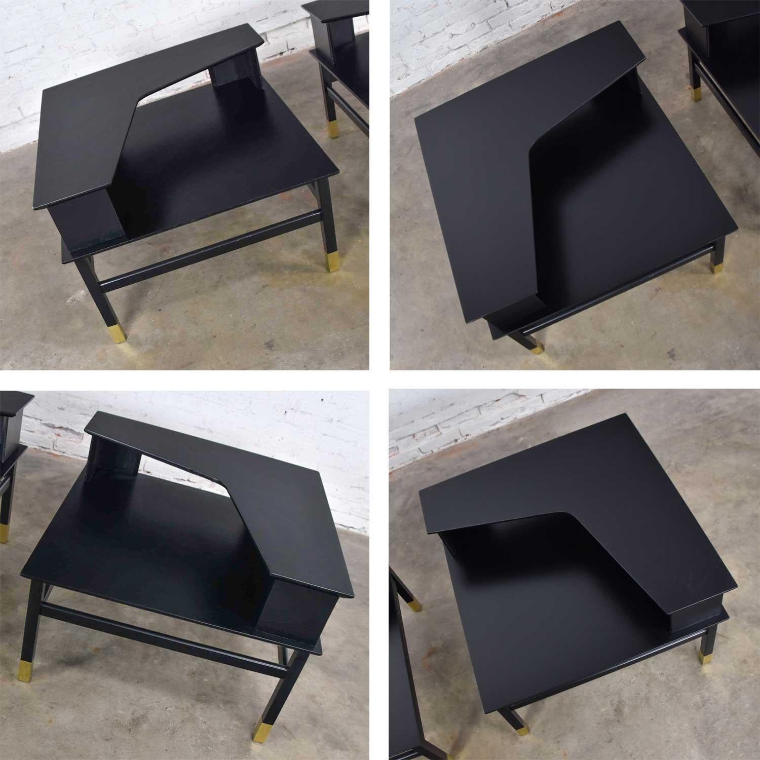 MCM Corner Step Tables a Pair Black with Brass Sabots Style of Harvey Probber 7