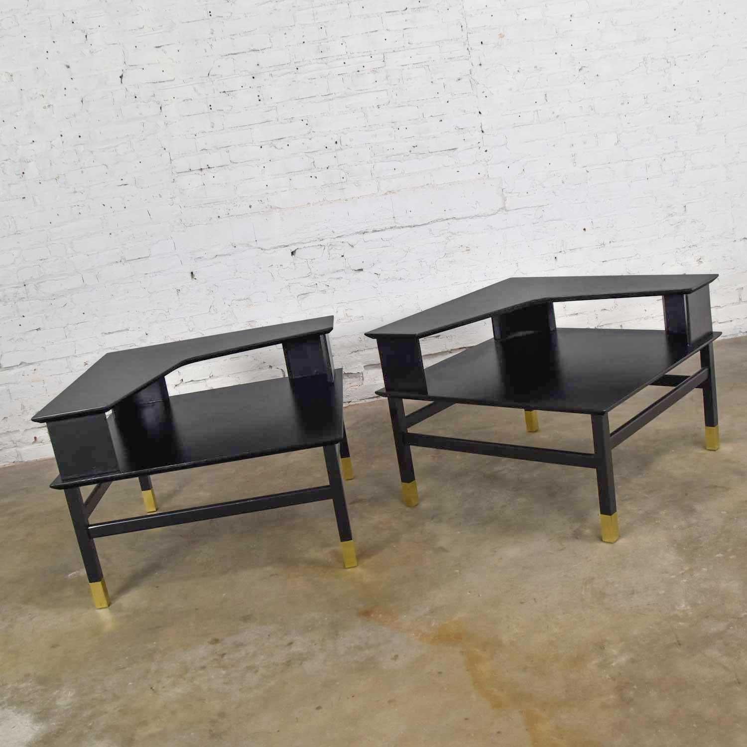 Mid-Century Modern MCM Corner Step Tables a Pair Black with Brass Sabots Style of Harvey Probber