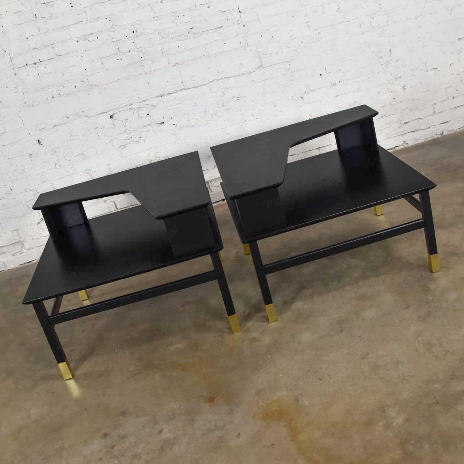 American MCM Corner Step Tables a Pair Black with Brass Sabots Style of Harvey Probber