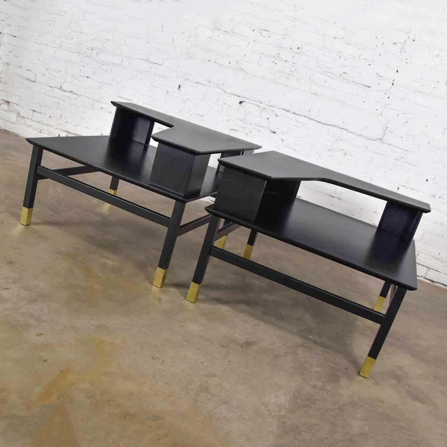 MCM Corner Step Tables a Pair Black with Brass Sabots Style of Harvey Probber In Good Condition In Topeka, KS