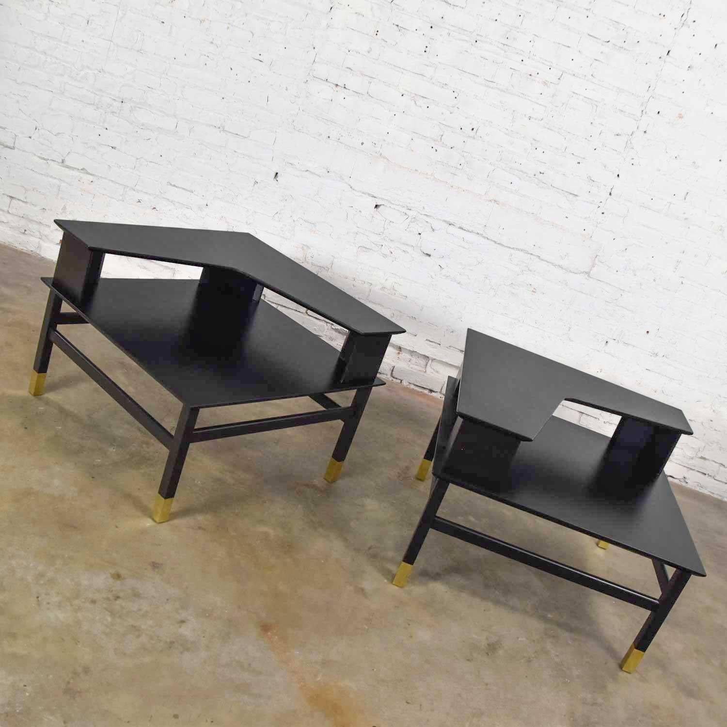 20th Century MCM Corner Step Tables a Pair Black with Brass Sabots Style of Harvey Probber