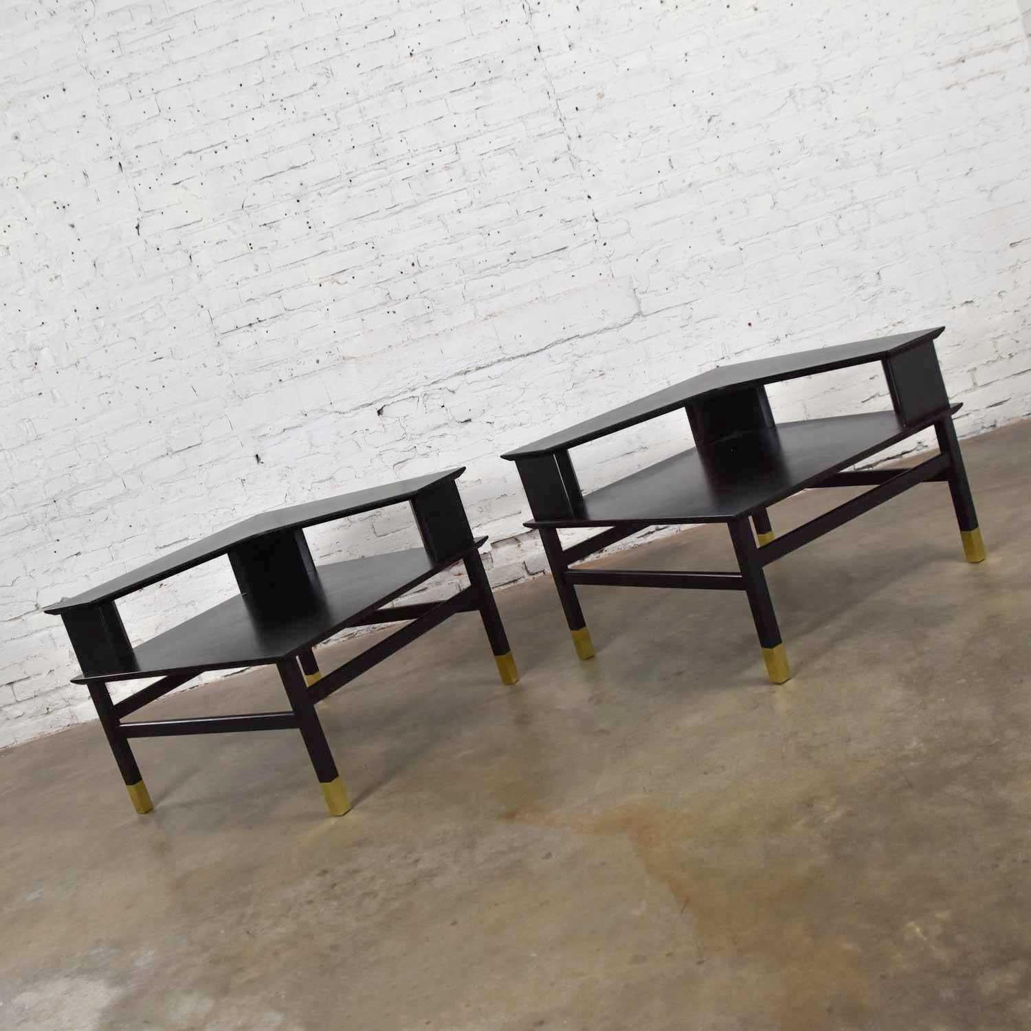 MCM Corner Step Tables a Pair Black with Brass Sabots Style of Harvey Probber 1