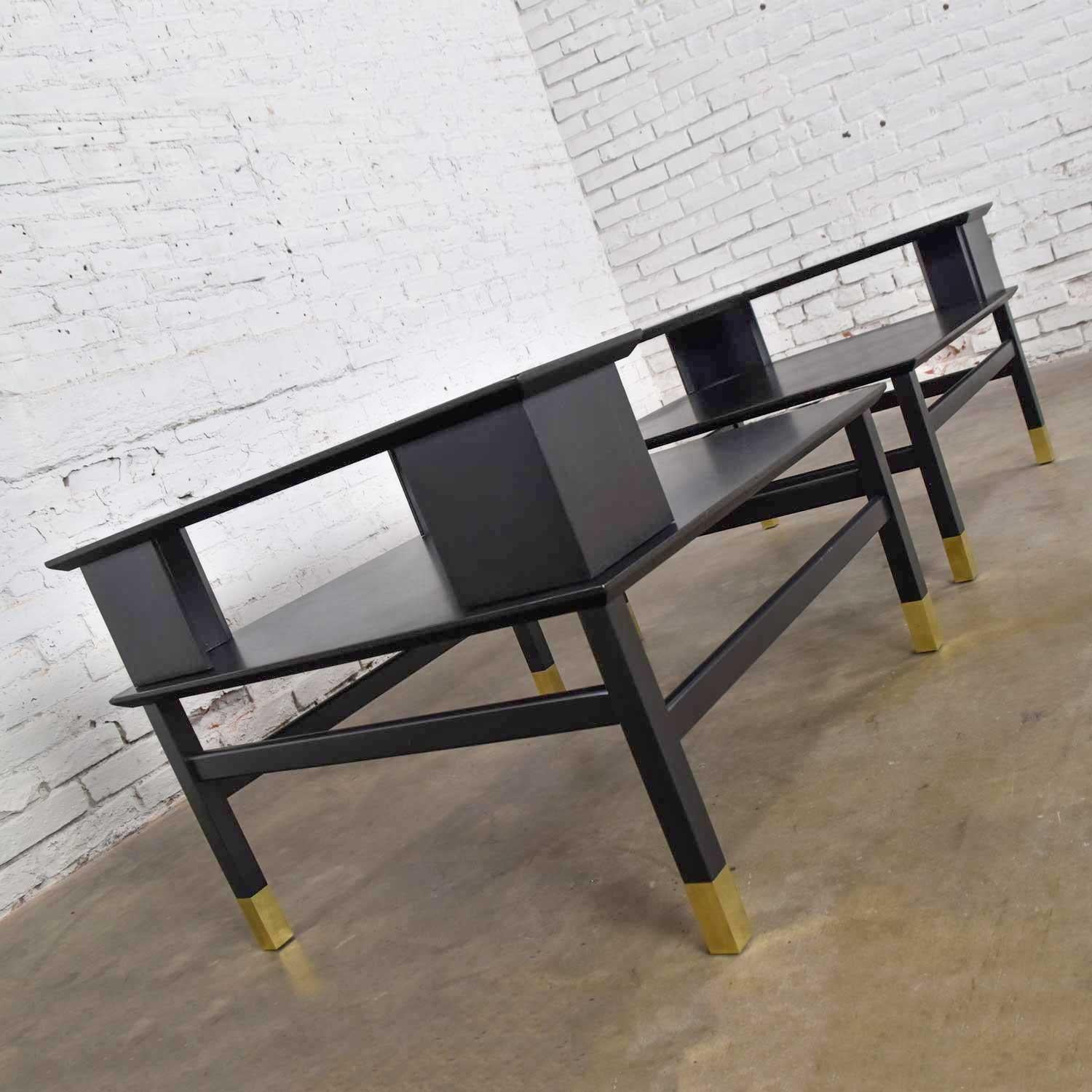 MCM Corner Step Tables a Pair Black with Brass Sabots Style of Harvey Probber 2