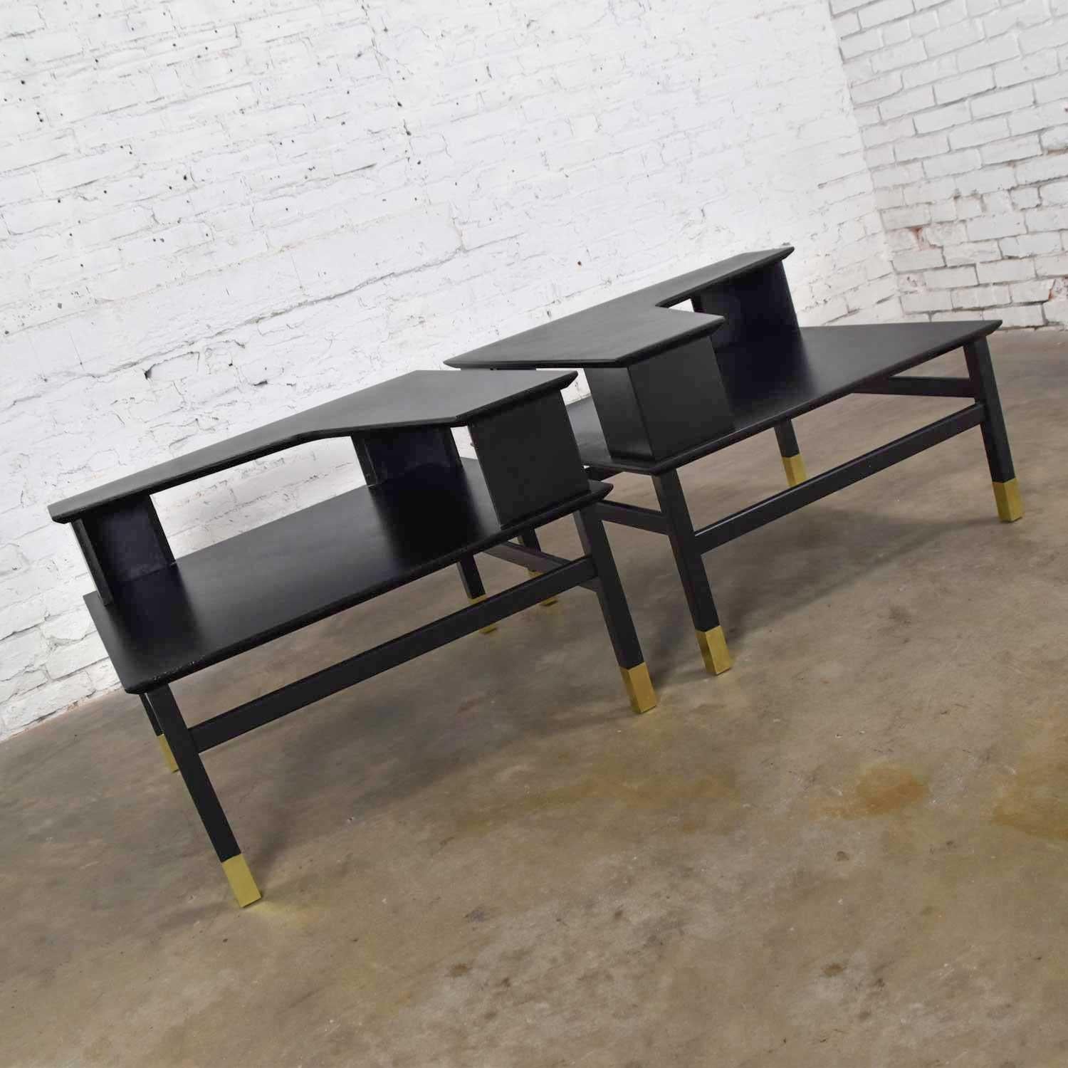 MCM Corner Step Tables a Pair Black with Brass Sabots Style of Harvey Probber 3