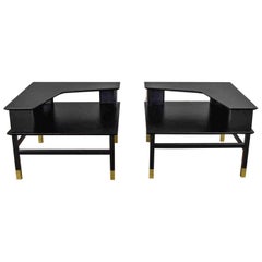 MCM Corner Step Tables a Pair Black with Brass Sabots Style of Harvey Probber
