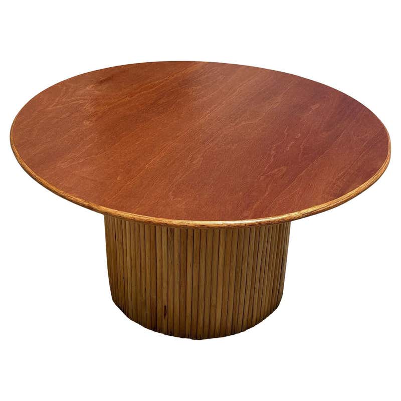 Restored Round Stacked Rattan Pedestal Dining Table Mahogany Top For ...