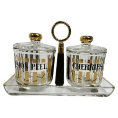 MCM Culver Glass Cocktail Garnish Jars and Caddy - "CHERRIES" "LEMON PEEL"