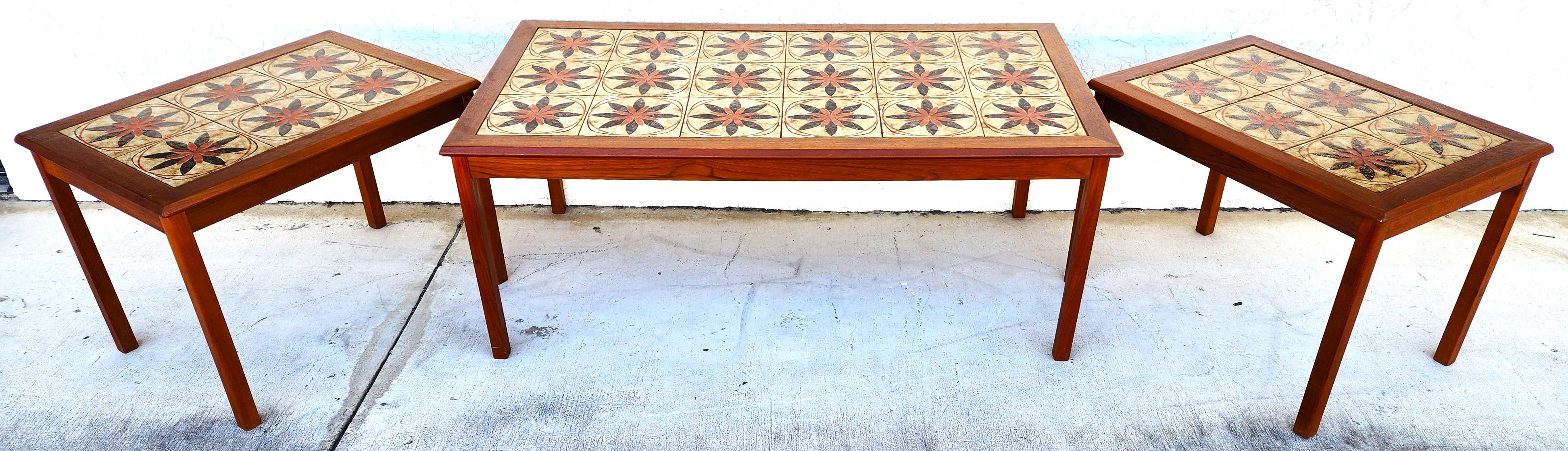 MCM Danish Teak & Tile Coffee & Side Tables 1960s Set of 3 In Good Condition For Sale In Lake Worth, FL