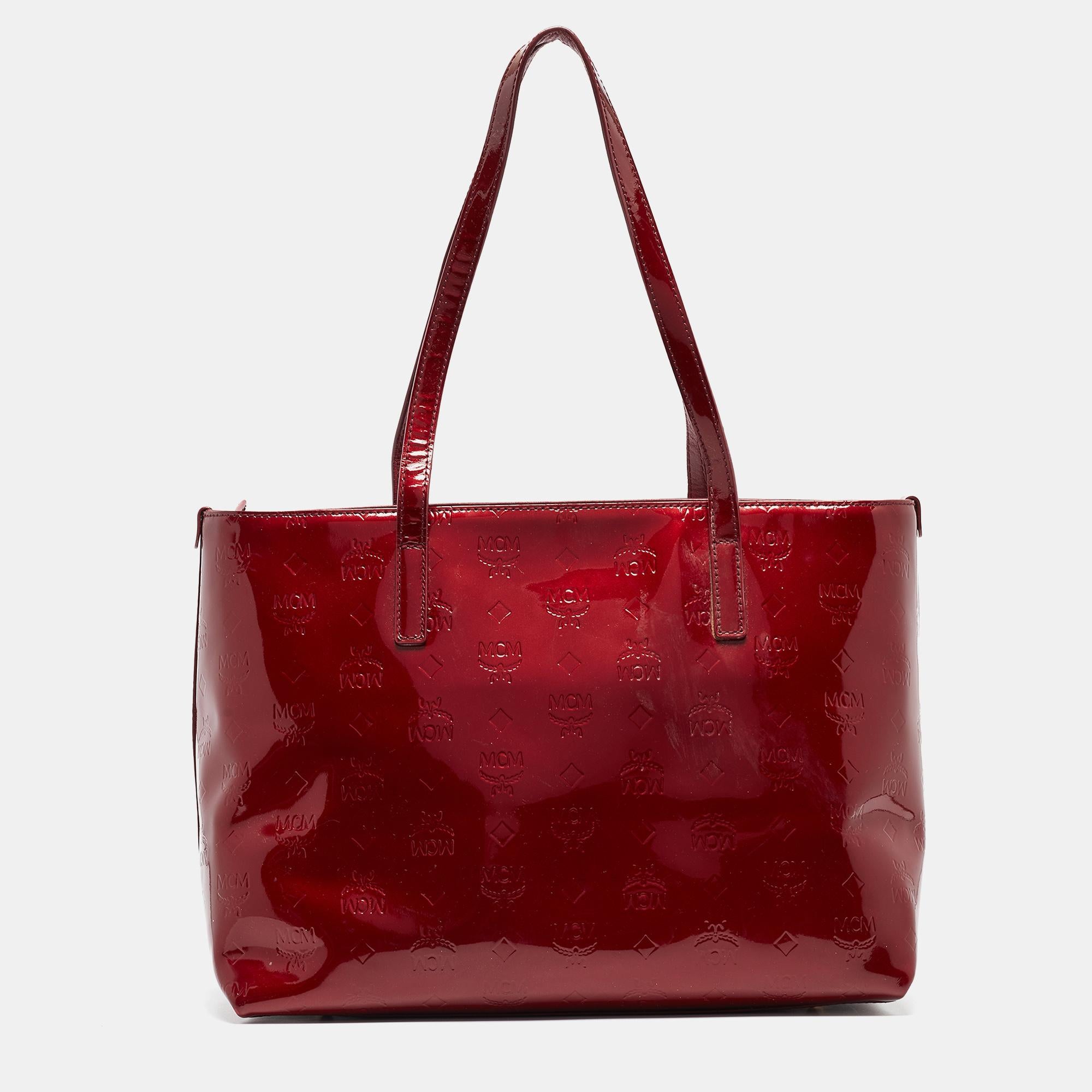 Women's MCM Dark Red Visetos Patent Leather Tote