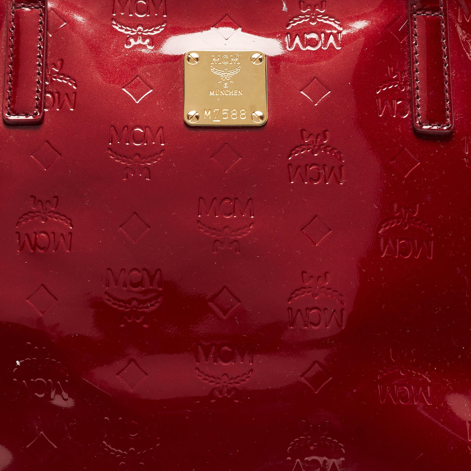 MCM Dark Red Visetos Patent Leather Tote 1