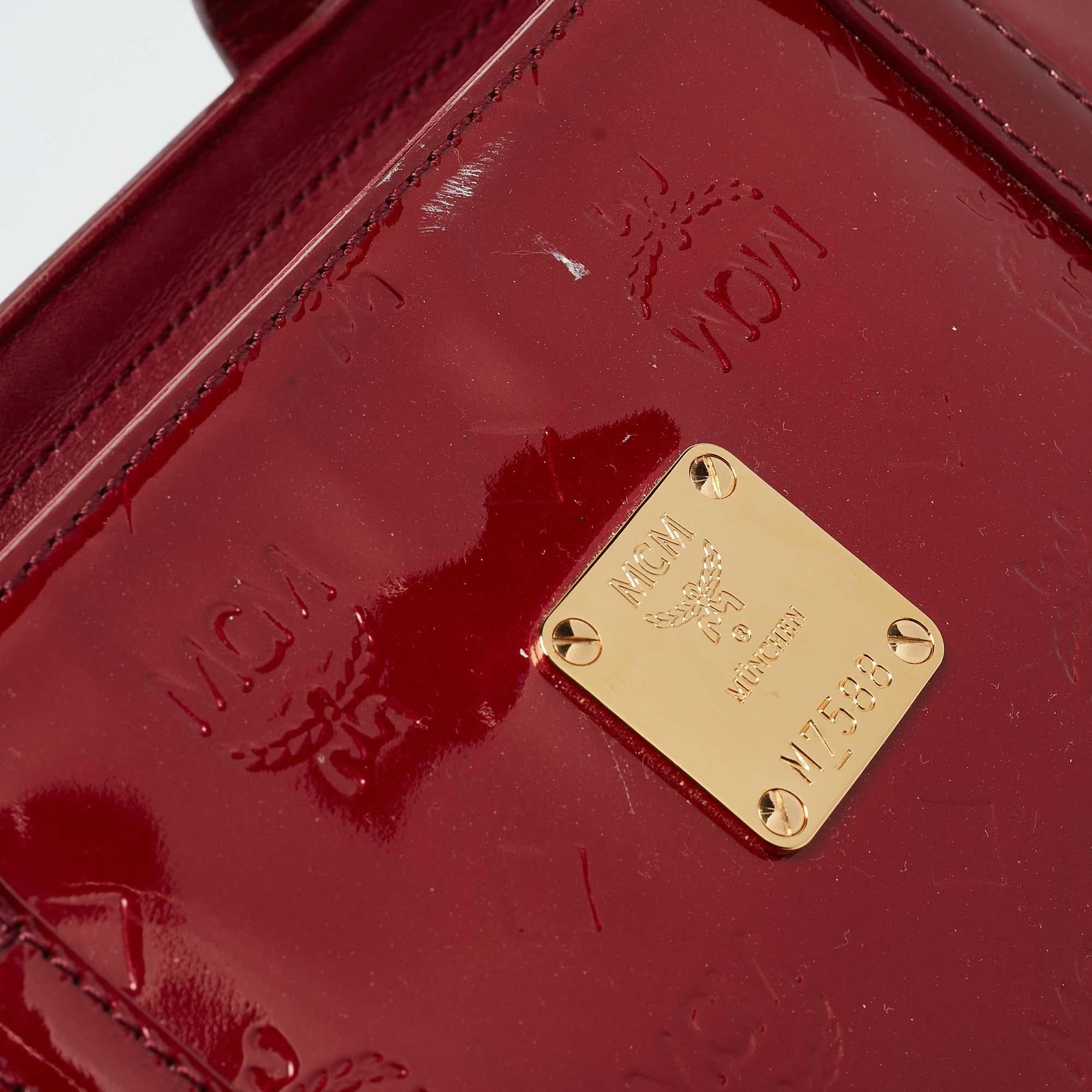 MCM Dark Red Visetos Patent Leather Tote 4