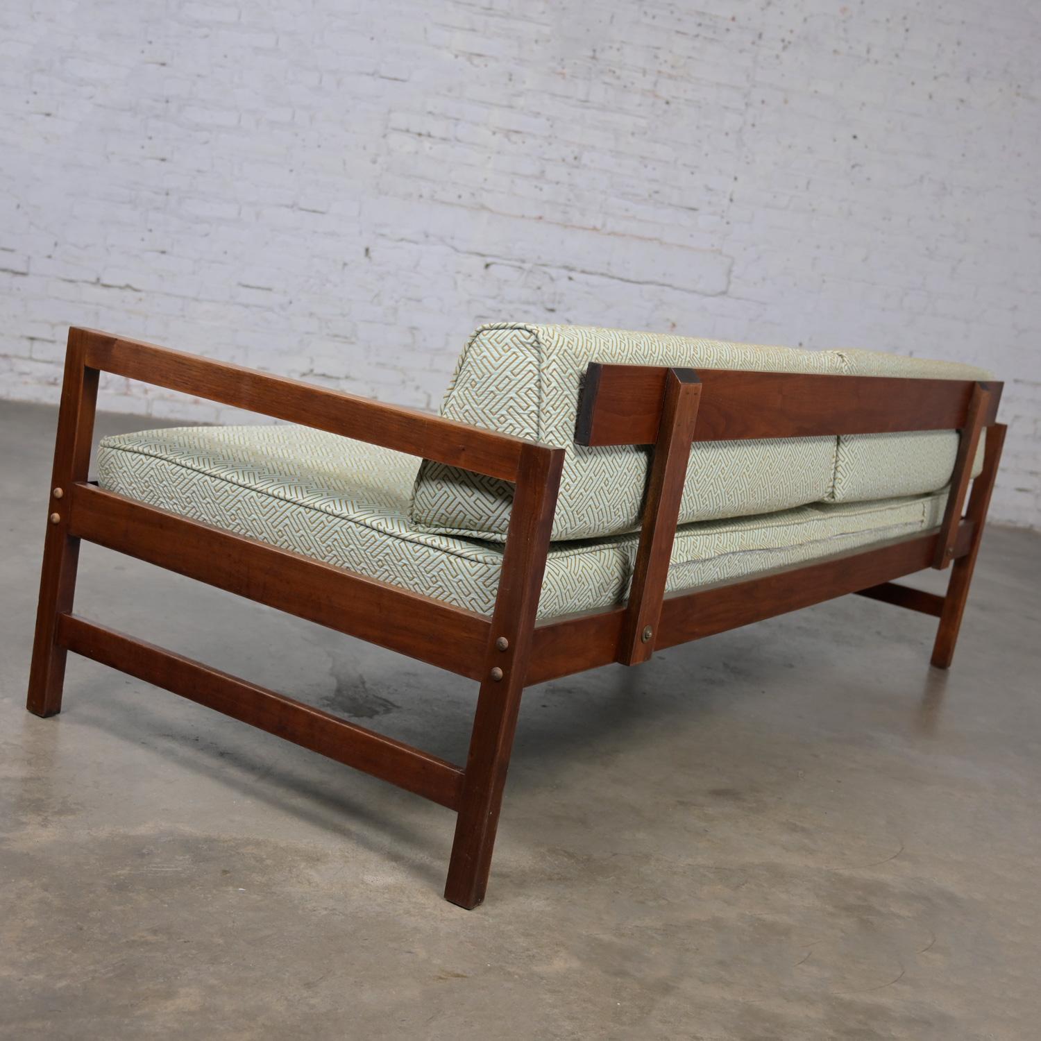Mid-Century Modern MCM Daybed Sofa Walnut Frame with Arms & Gray-Blue Upholstery & Stram Springs For Sale