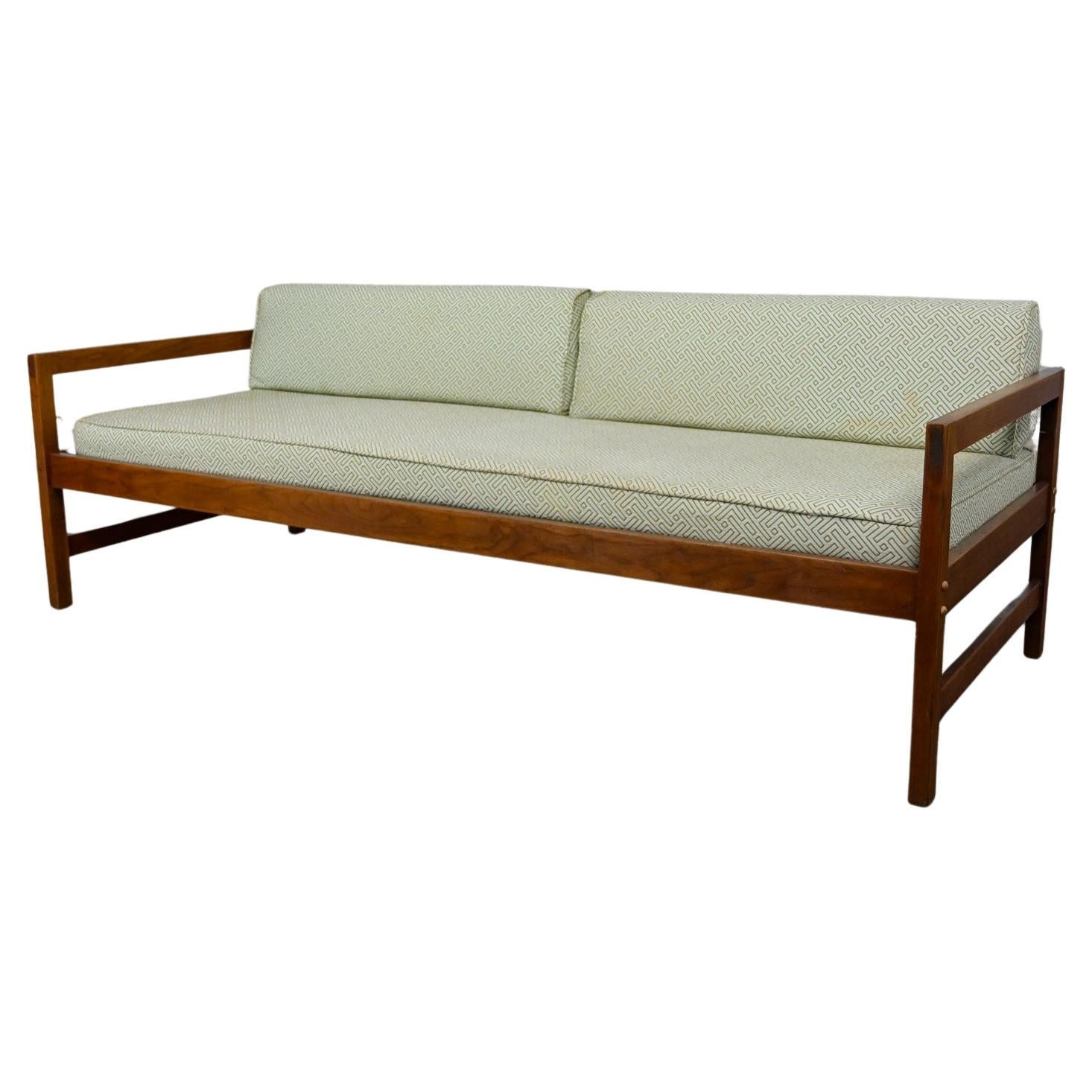 MCM Daybed Sofa Walnut Frame with Arms & Gray-Blue Upholstery & Stram Springs For Sale