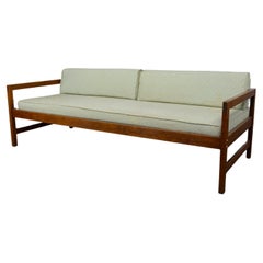 Retro MCM Daybed Sofa Walnut Frame with Arms & Gray-Blue Upholstery & Stram Springs