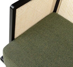 MCM Design Black Lacquer Wooden and Rattan Woven Cane Armchair