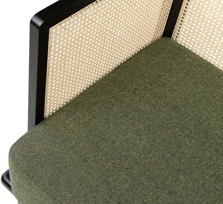 MCM Design Black Lacquer Wooden and Rattan Woven Cane Armchair For Sale