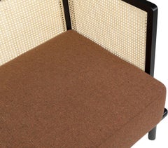 MCM Design Black Lacquer Wooden and Rattan Woven Cane Sofa