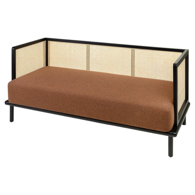 MCM Design Black Lacquer Wooden and Rattan Woven Cane Sofa For Sale at