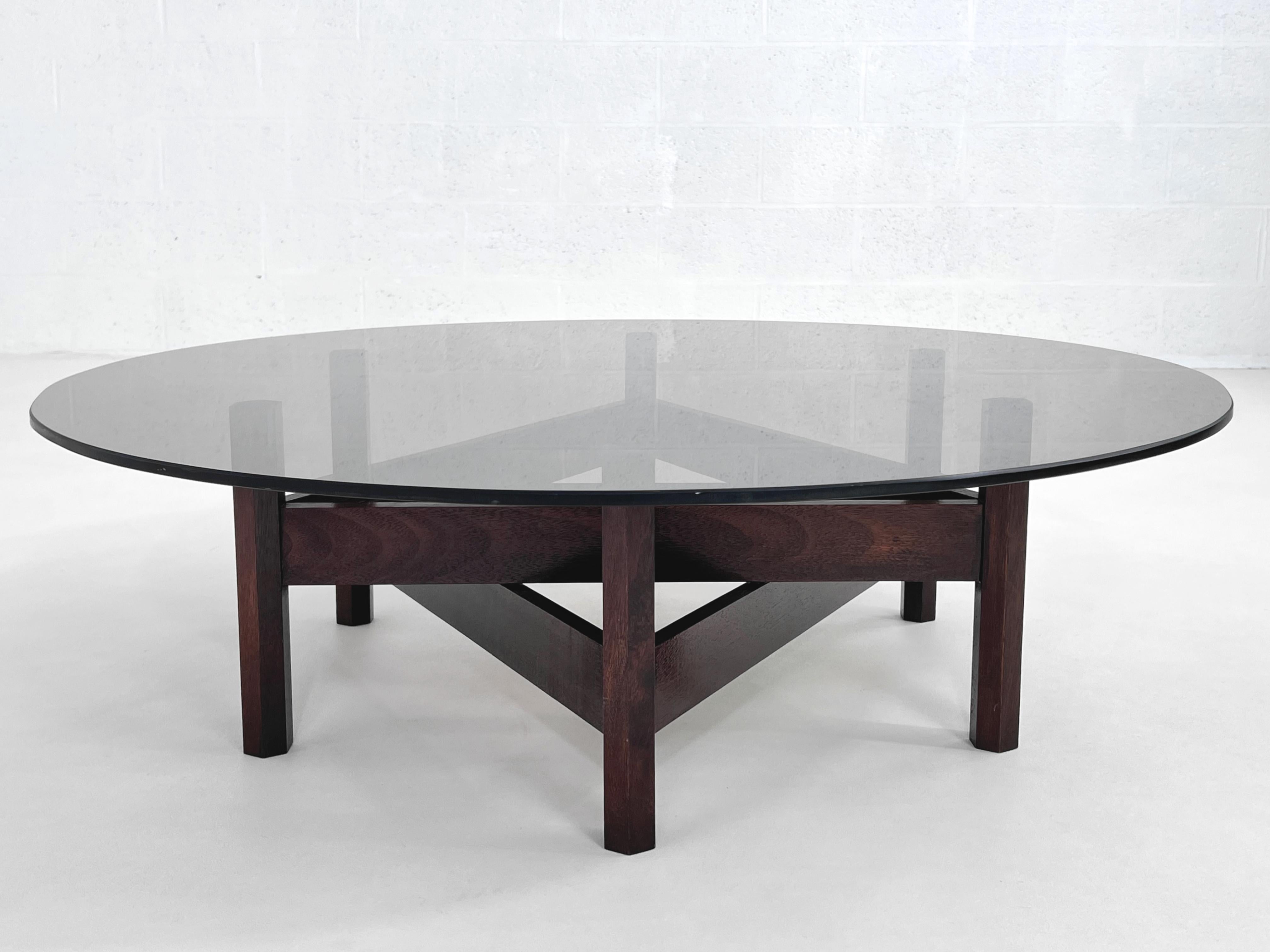 20th Century MCM Design Round Glass Top And Star Wooden Base Coffee Table For Sale