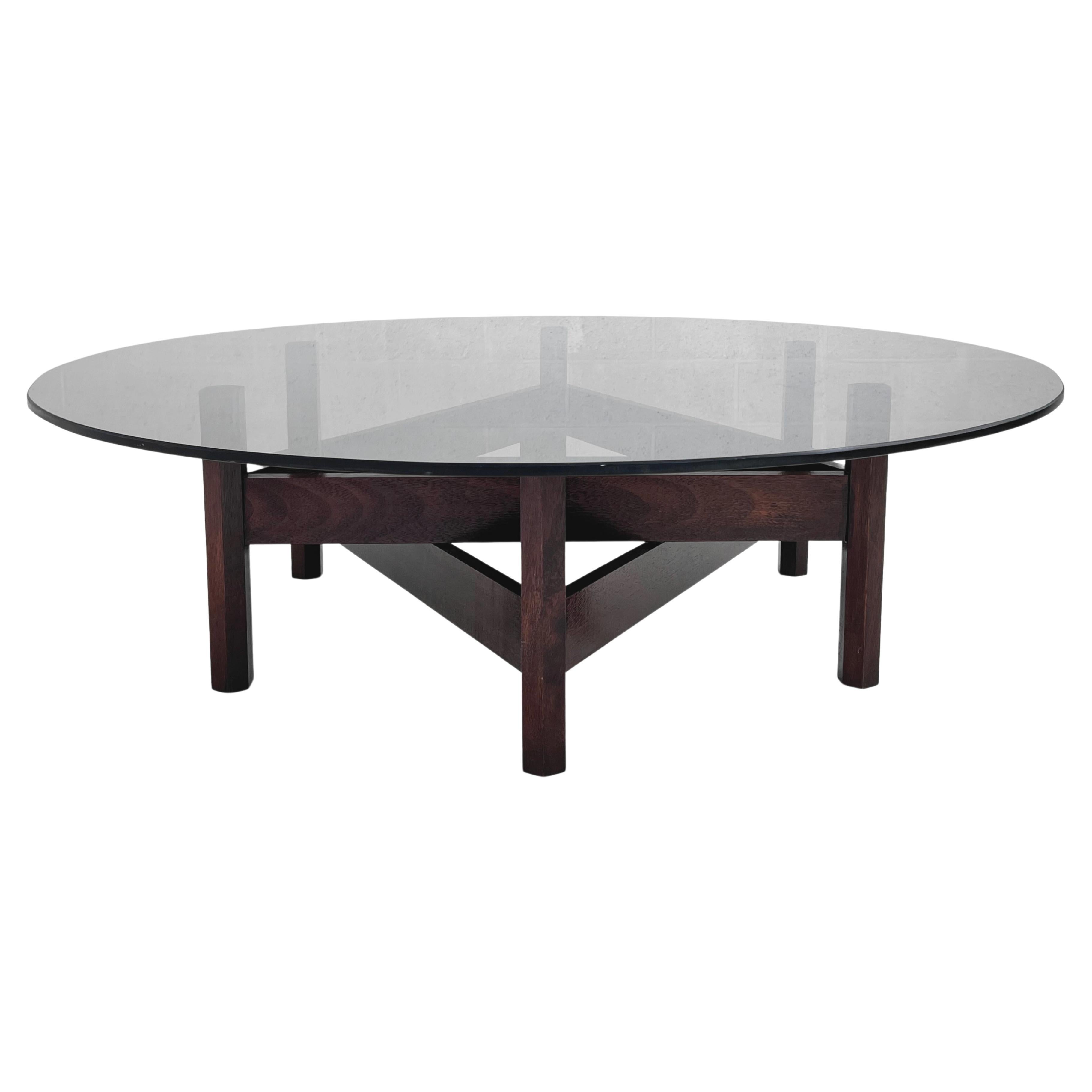 Table basse ronde à plateau en verre et base en bois en forme d'étoile, design MCM