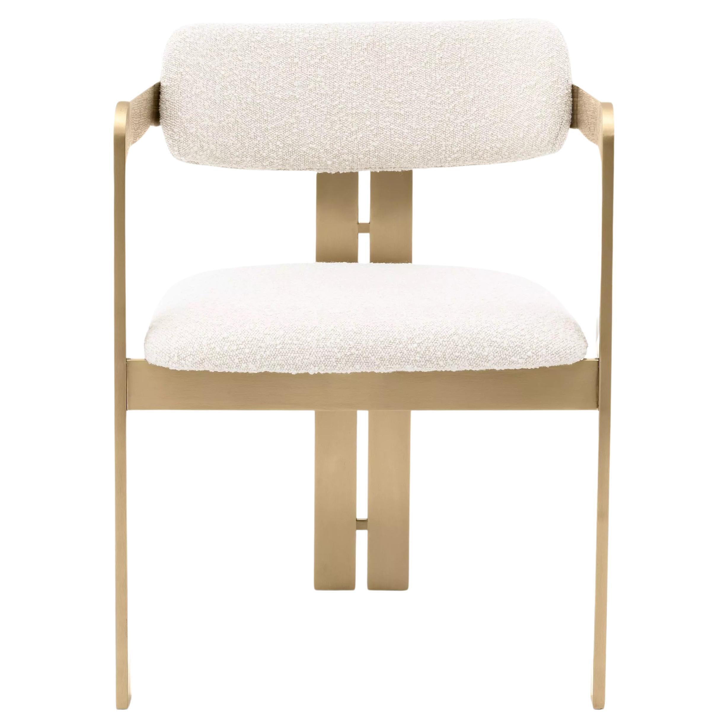 MCM Design Style Beige Bouclé Fabric and Brass Finishes Dining Chair For Sale