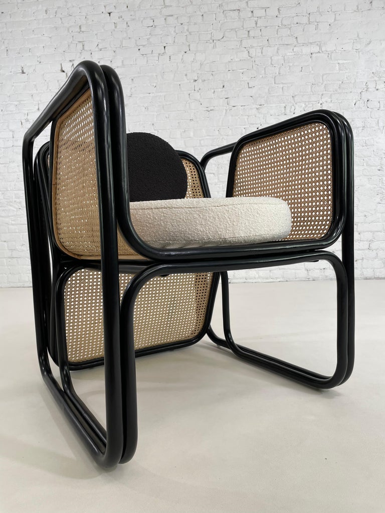 MCM Design Style Rattan and Wicker Dining Armchair With Boucle Fabric ...