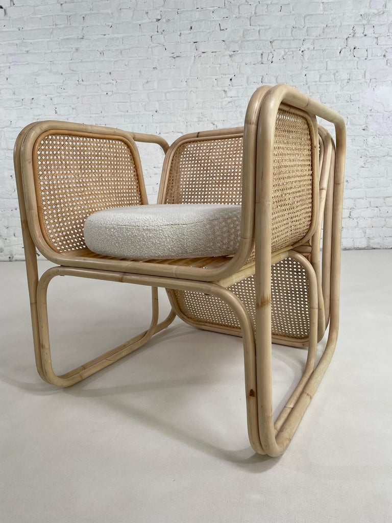 MCM Design Style Rattan and Wicker Dining Armchair with Boucle Fabric ...