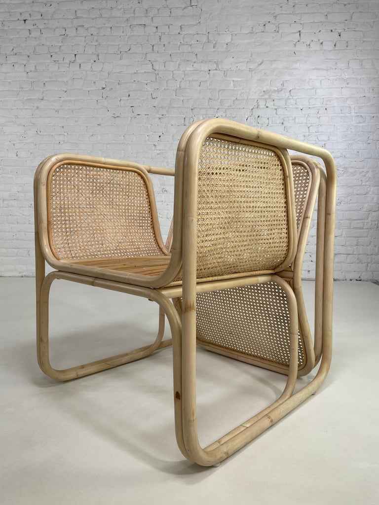 MCM Design Style Rattan and Wicker Dining Armchair with Boucle Fabric ...