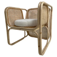 MCM Design Style Rattan and Wicker Dining Armchair with Boucle Fabric Cushions