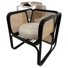 MCM Design Style Rattan and Wicker Dining Armchair With Boucle Fabric Cushions