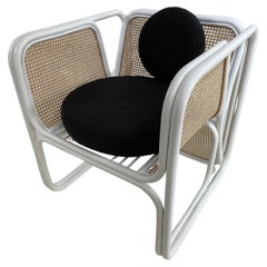 MCM Design Style Rattan and Wicker Large Armchair With Boucle Fabric Cushions