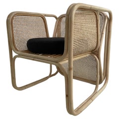 MCM Design Style Rattan and Wicker Large Armchair With Boucle Fabric Cushions