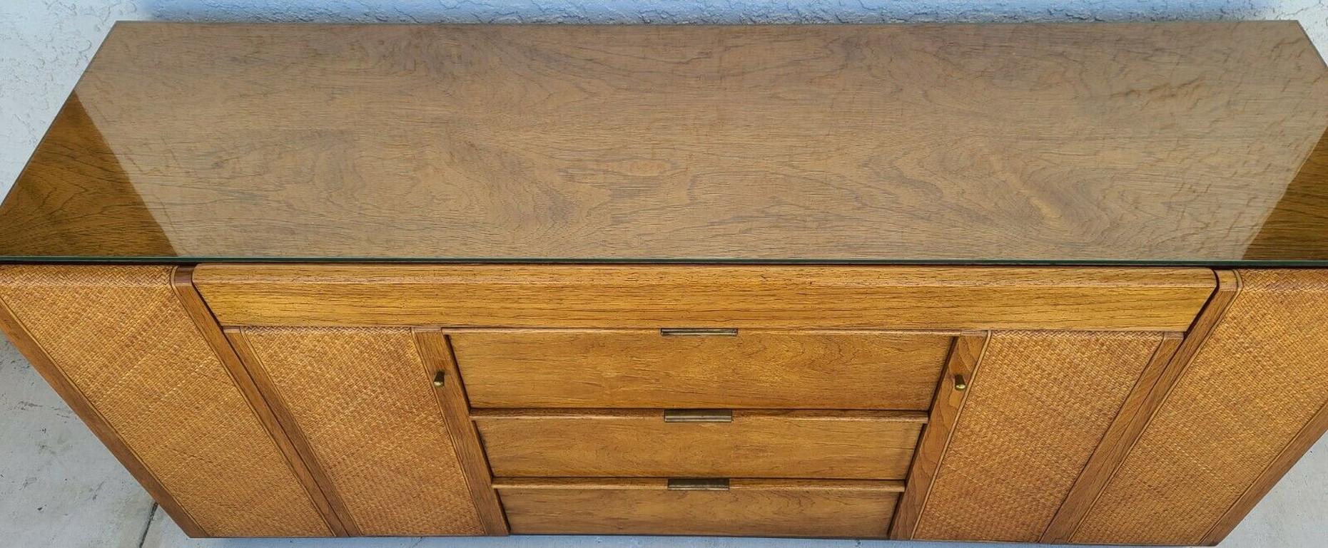 Wicker Mcm Dresser Credenza with Glass Top & Mirror by Founders For Sale