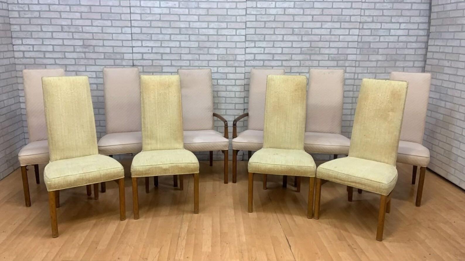 Sedie da pranzo in noce con schienale alto in stile Mid Century Modern Drexel Heritage Campaigner per tappezzeria - set di 10

Con 10 sedie da pranzo in noce della metà del secolo scorso realizzate da Drexel Heritage. Ci sono 2 poltrone e 8 sedie