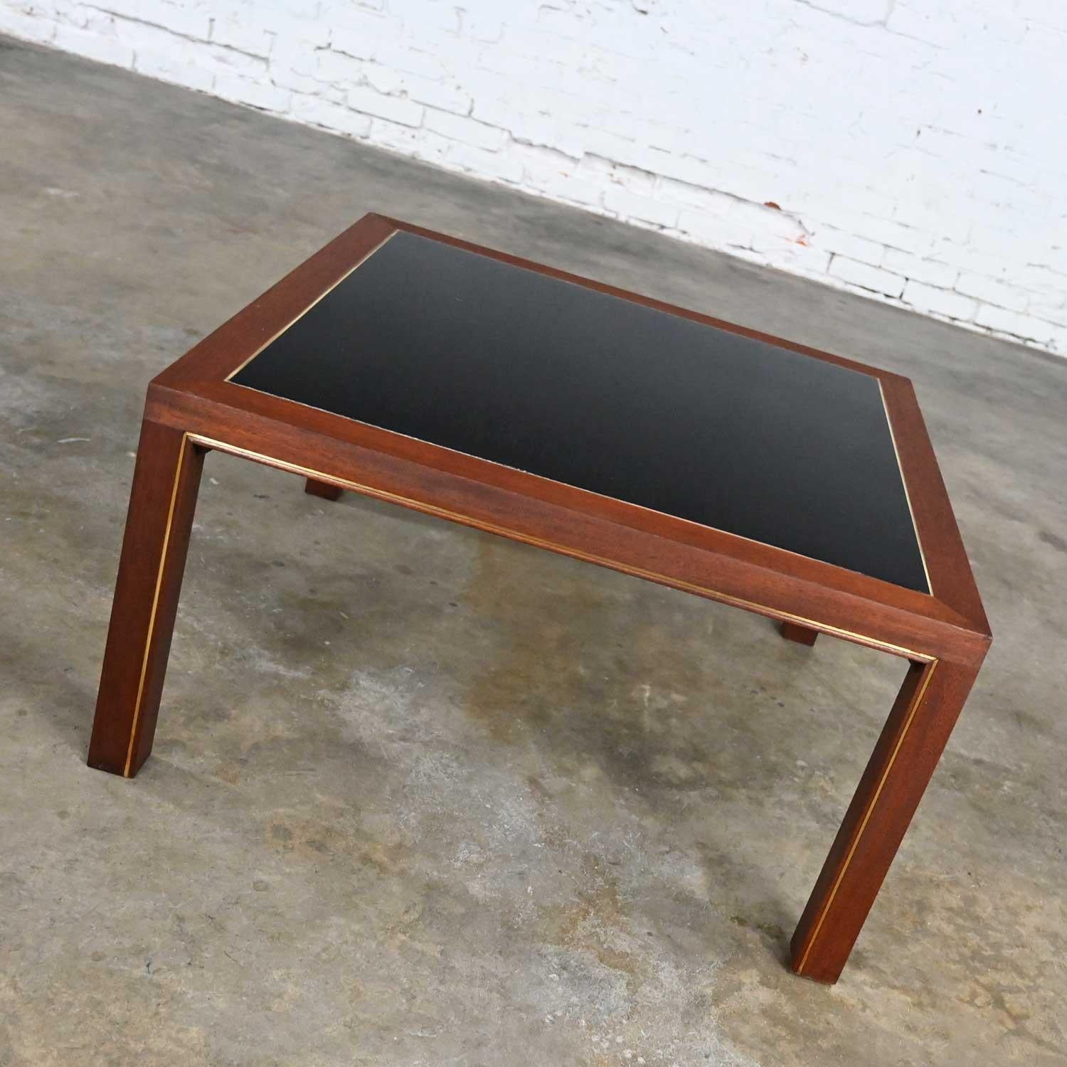 Fabulous Mid-Century Modern to Modern Dunbar square coffee or end table Parsons’s style with inlaid brass detail by Edward Wormley. Beautiful condition, keeping in mind that this is vintage and not new so will have signs of use and wear. It has been