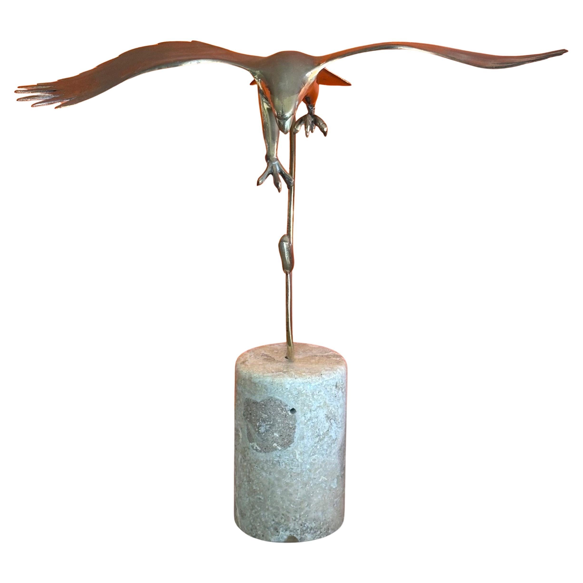 Hollywood Regency MCM Eagle Catching a Fish Brass Sculpture on Marble Base by Bijian For Sale