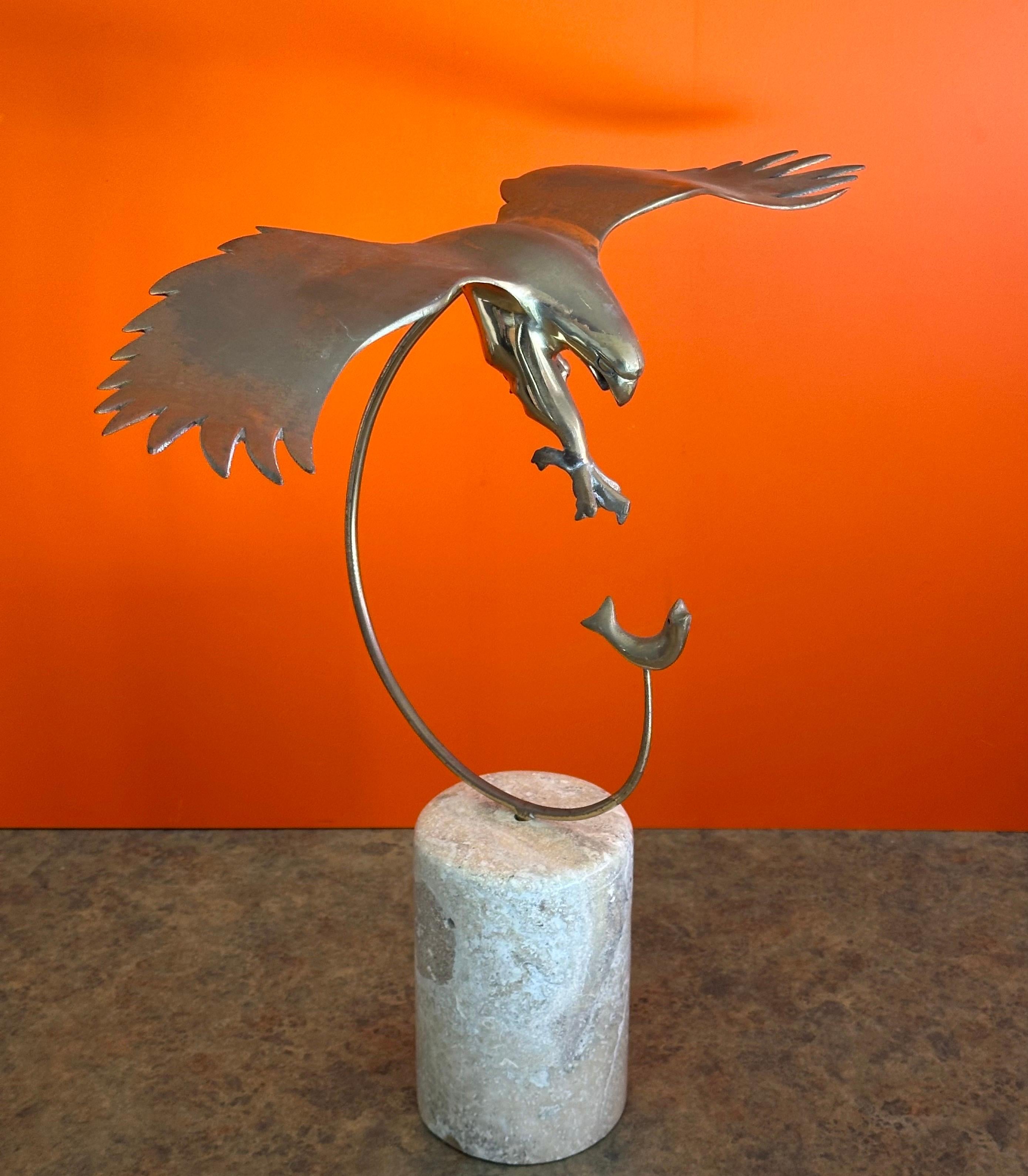 MCM Eagle Catching a Fish Brass Sculpture on Marble Base by Bijian In Good Condition For Sale In San Diego, CA