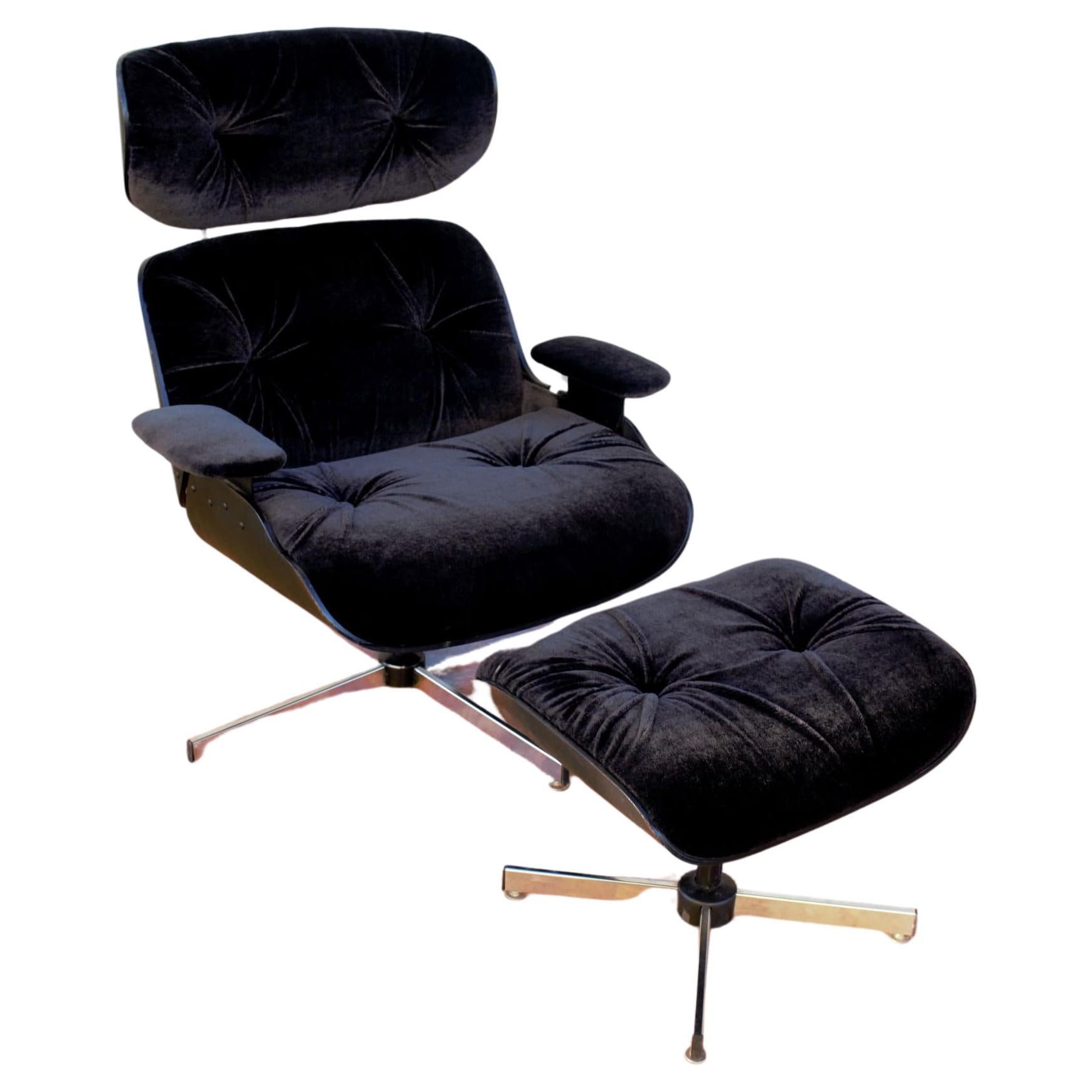 MCM Eames Plycraft Style Lounge Chair & Ottoman Newly Upholstered Mohair Negro