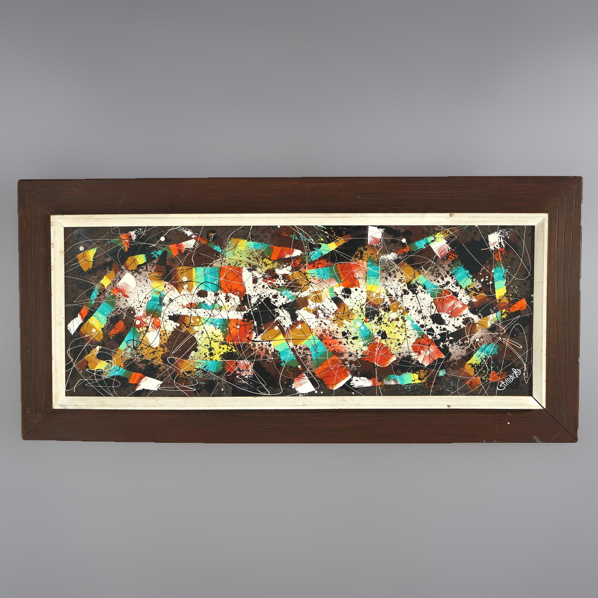 Mid Century Modern Edward A. Stareck Signed Oil on Canvas Abstract Expressionist Painting with Geometric Elements, Pandrama & Ventorama, Framed  C1960

Measures - 47.5