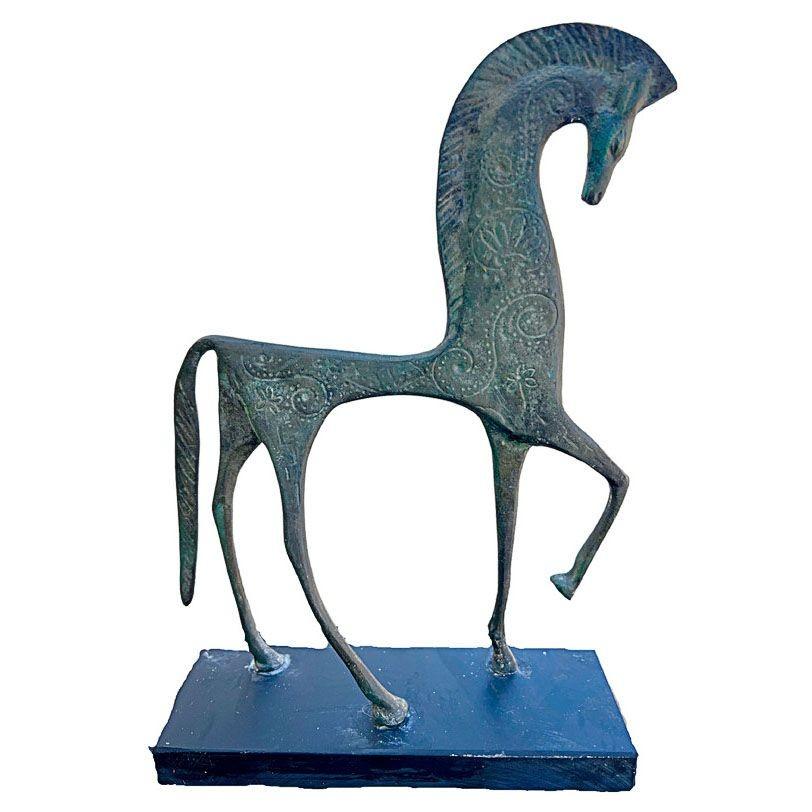 Mid-century era Etruscan bronze Trojan Horse Figurine Sculpture fixed to a black onyx-colored stone base Attributed to Frederick Weinberg . It is an incredibly stylized Roman-decorated horse. The figurine has a patina finish with incises stippling