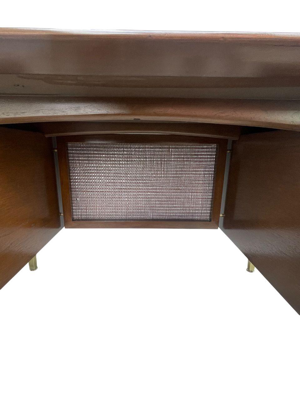 MCM Executive Walnut Desk with Brass & Cane Details. Denmark, 1960's. In Excellent Condition For Sale In Los Angeles, CA