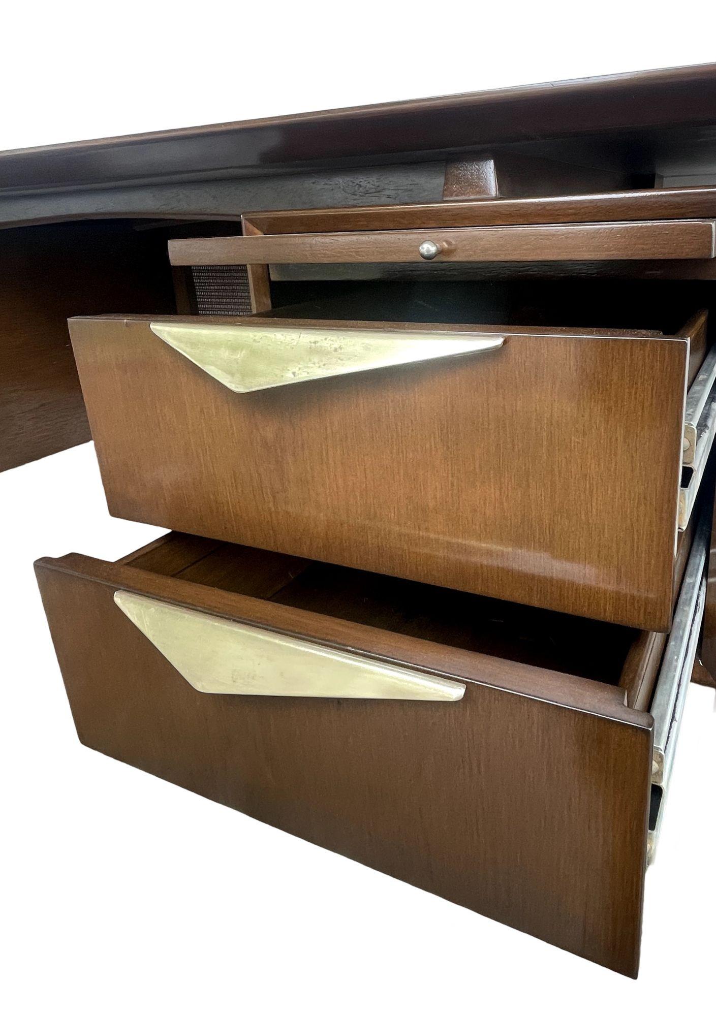 MCM Executive Walnut Desk with Brass & Cane Details. Denmark, 1960's. For Sale 1