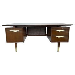 MCM Executive Walnut Desk with Brass & Cane Details. Denmark, 1960's.