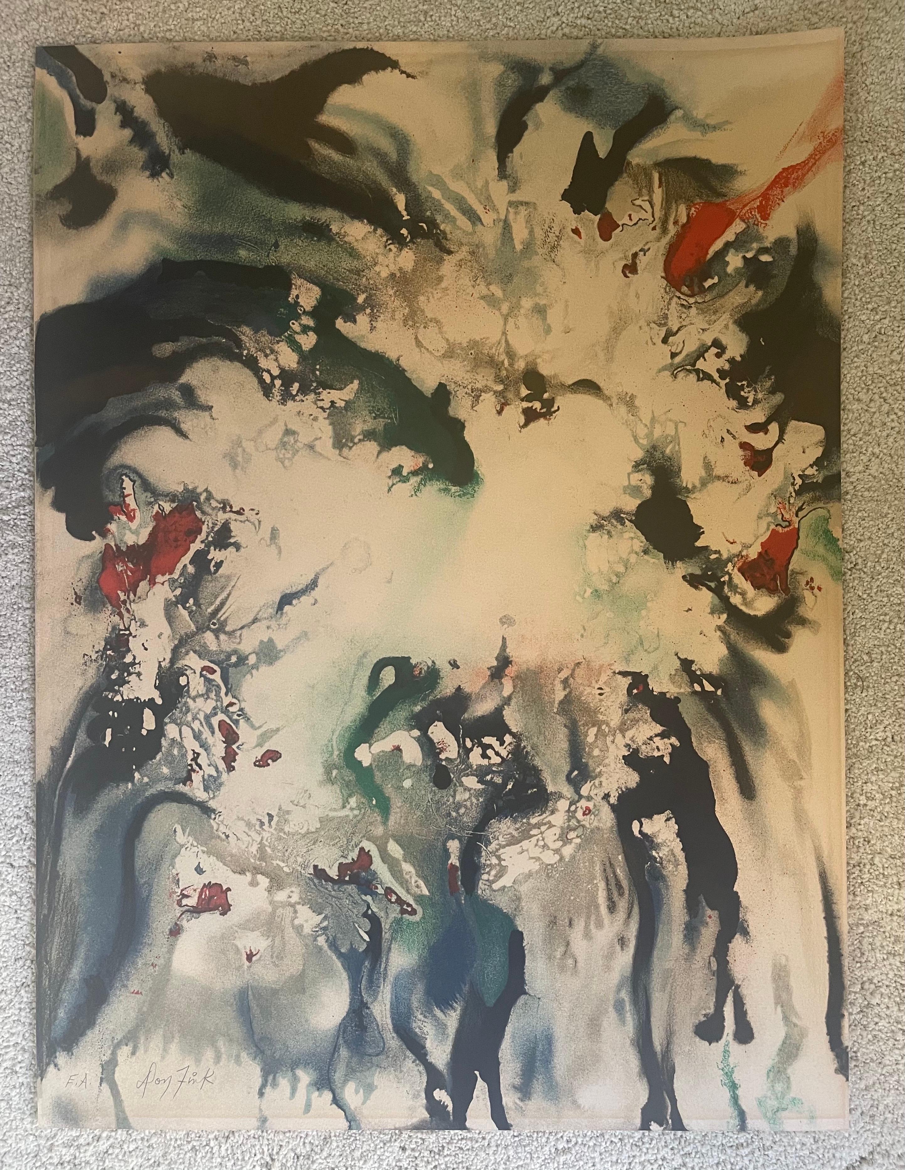Helle expressionistische abstrakte Lithografie des börsennotierten Künstlers Don Fink, ca. 1960er Jahre. Das Stück ist ungerahmt und misst 20,5