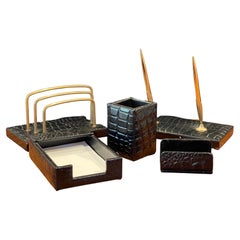 Retro MCM Five Piece Brass and Faux Crocodile Leather Desk Set