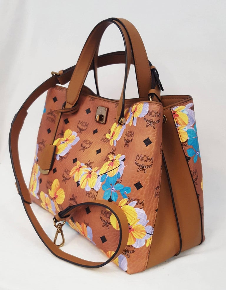 MCM Floral Cognac Tote Bag with Removable Shoulder Strap For Sale at